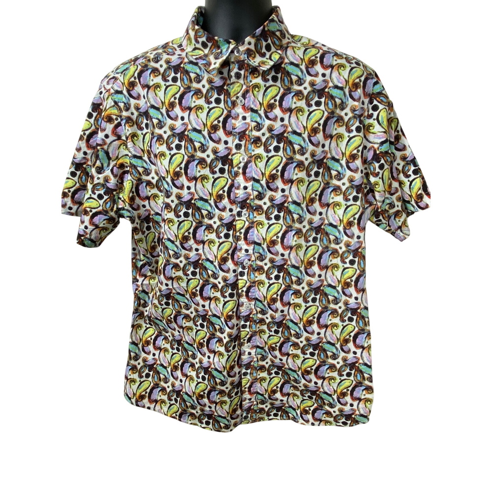 Cremieux Premium‎ Denim Paisley Print Short Sleeve Button Up Shirt XL Retro